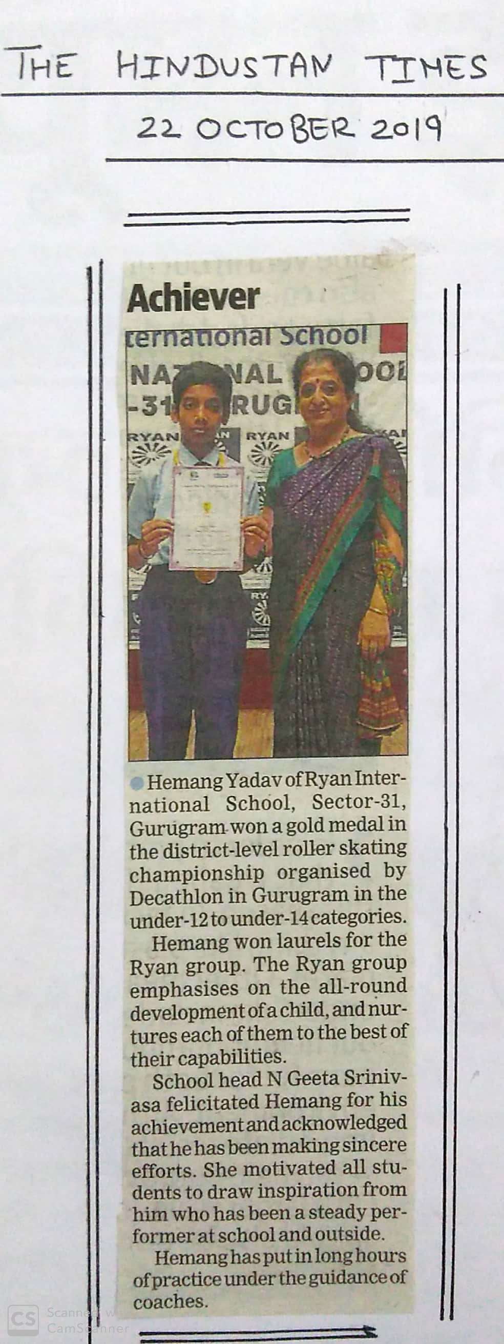 Hemang Yadav of Ryan International School Gurgaon Sector 31 bag a gold medal in the district level roller skating championship - Ryan International School, Sec 31 Gurgaon